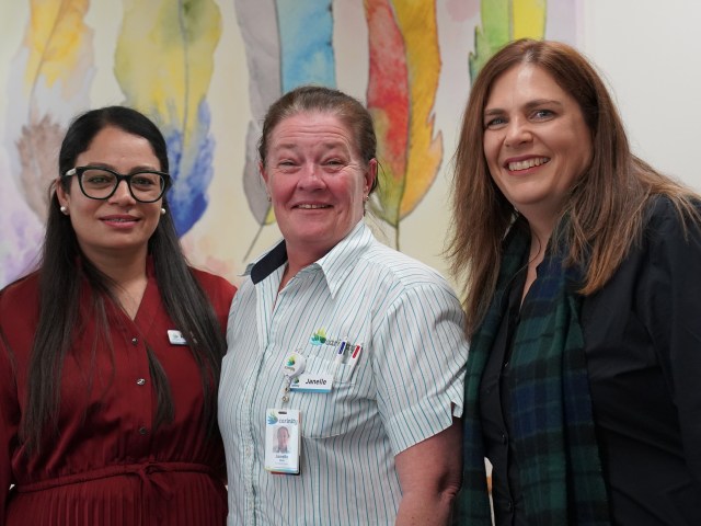 Carinity Hilltop aged care Enrolled Nurse, Janelle Steer (centre) enjoys supporting older Queenslanders to live their best life in their older years CROP